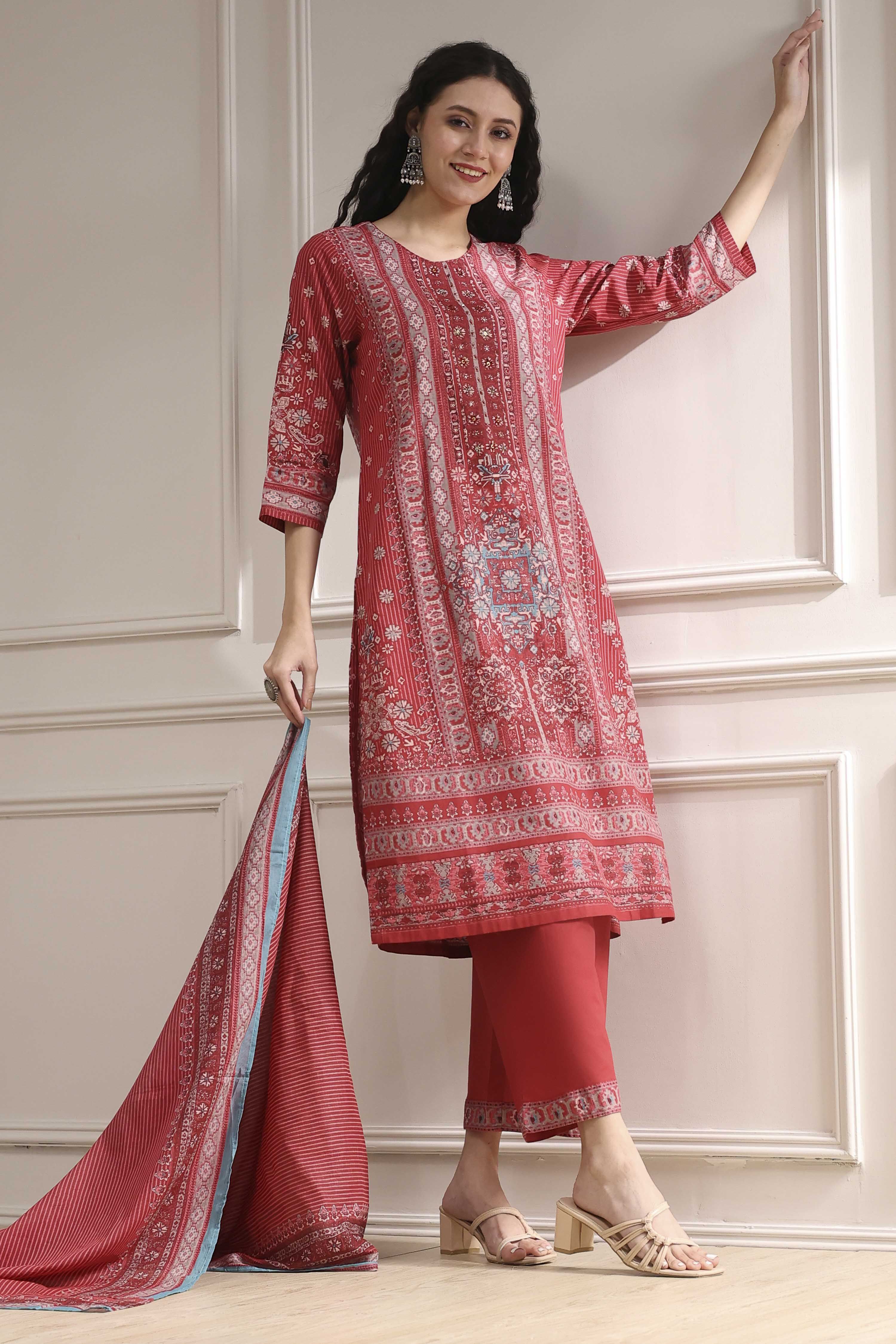 Grey Cotton Printed Straight Suit Set image number 0