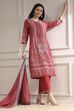 Red Cotton Printed Straight Suit Set