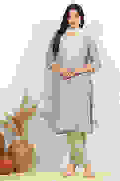 Grey Cotton Embroidered Unstitched Suit Set image number 1