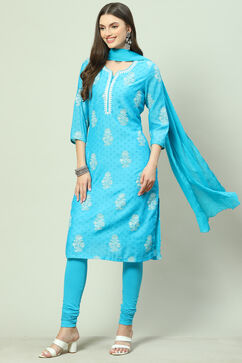 Blue Straight Kurta Churidar Suit Set image number 5