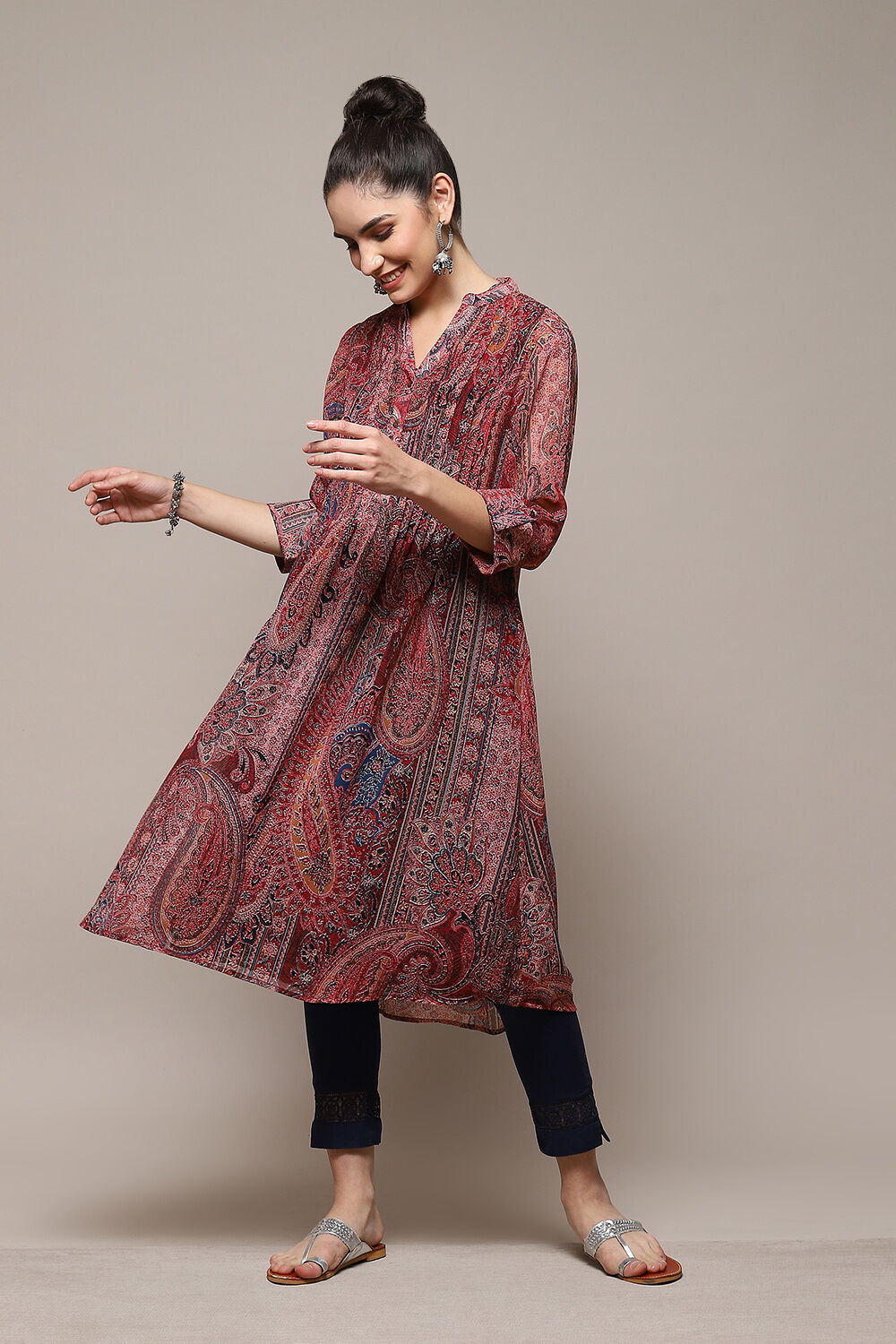 Peach & Blue Polyester Straight Printed Kurta image number 0