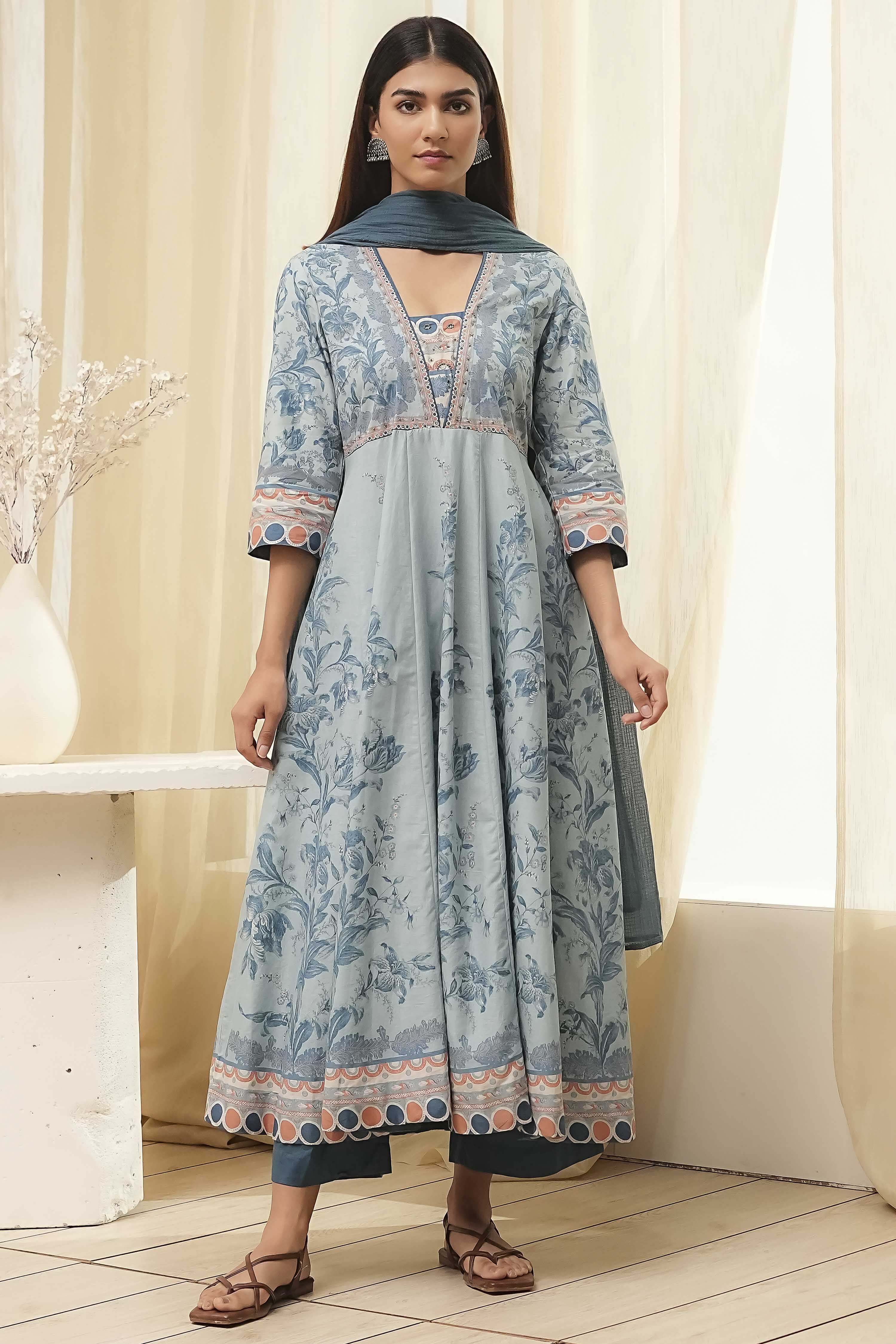 Dull Blue Cotton Floral Anarkali Suit Set image number 6