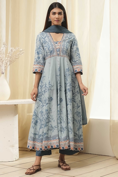 Dull Blue Cotton Floral Anarkali Suit Set image number 6