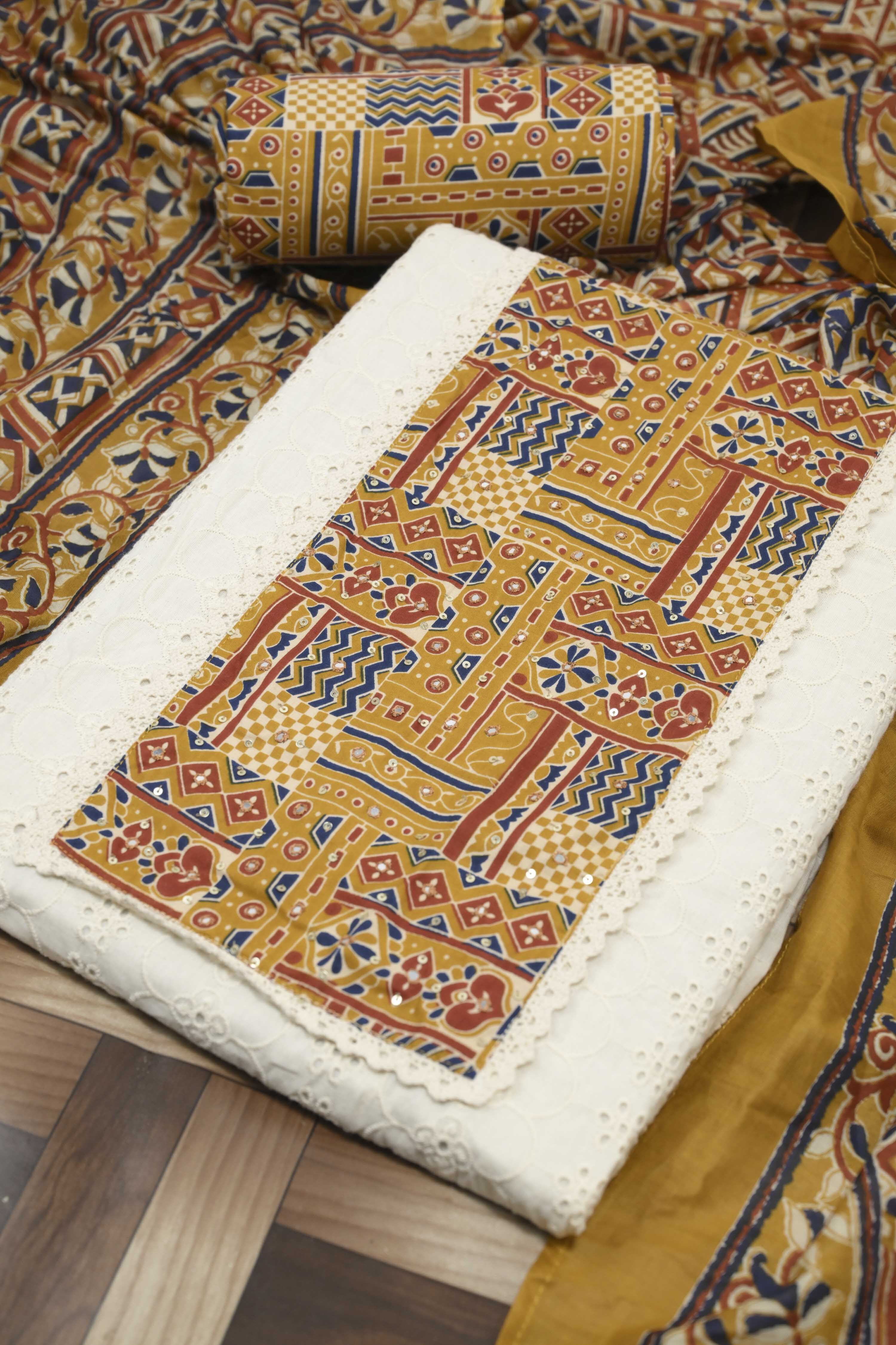 Mustard Cotton Printed Unstitched Suit Set image number 0