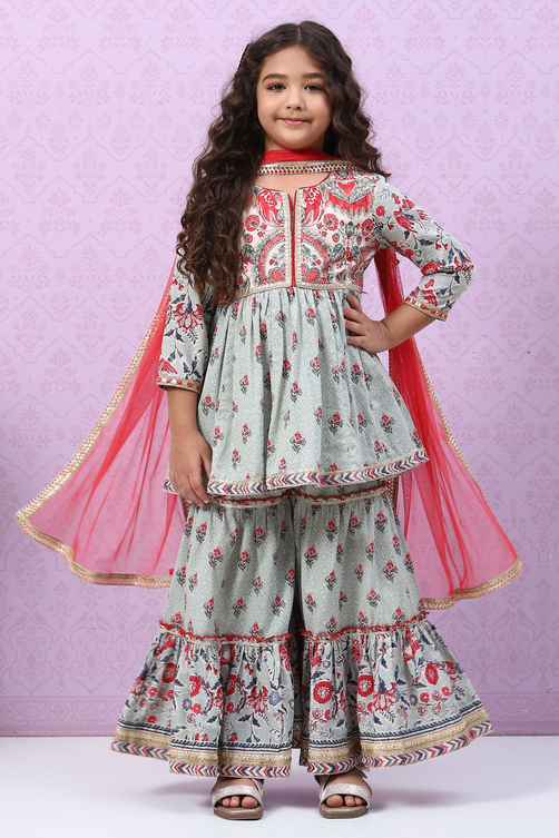 Smokey Blue Cotton Tiered Kurta Garara Suit Set image number 6