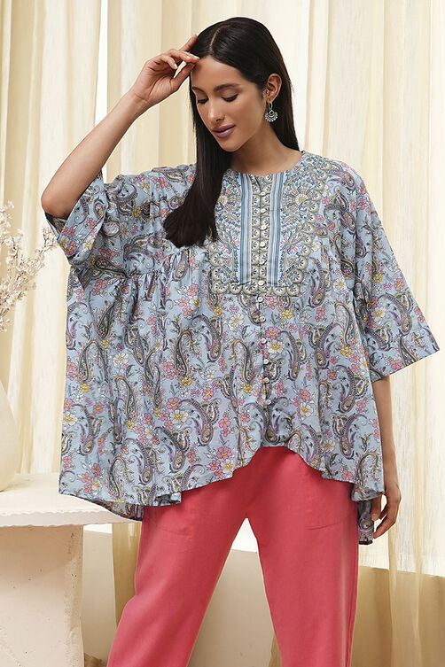 Dull Blue Cotton Flared Short Kurta image number 5