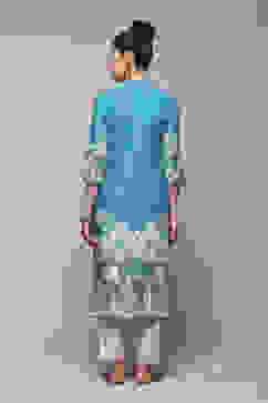 Teal Cotton A-Line Printed Kurta image number 4