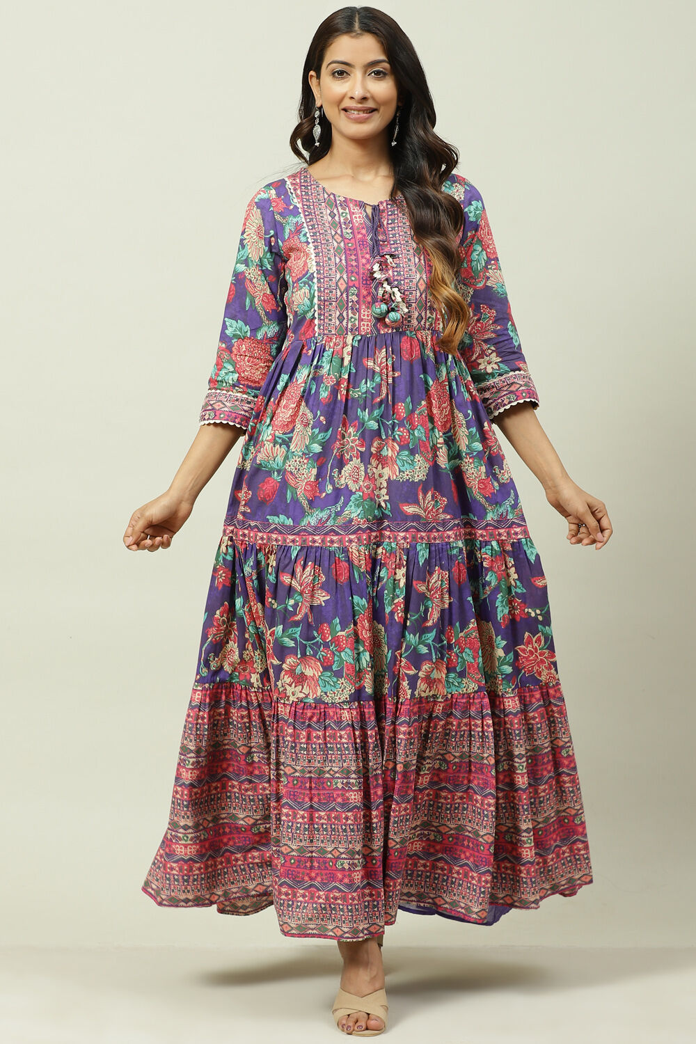 Purple Cotton Flared Fusion Dress image number 0