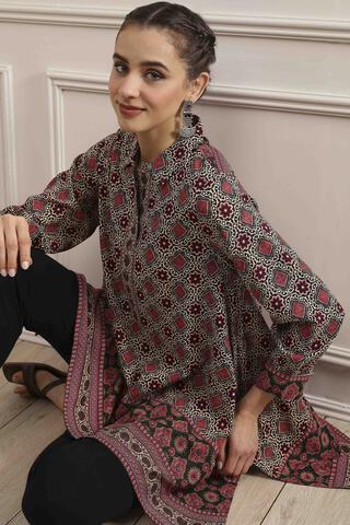 BIBA Beige Red Viscose Rayon Relaxed Printed Top in Beige Red
