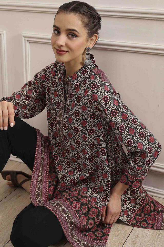 BIBA Beige Red Viscose Rayon Relaxed Printed Top in Beige Red