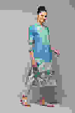 Teal Cotton A-Line Printed Kurta image number 3