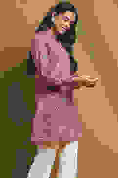 Red Knitted Block-Print Winter wear Short Kurta image number 4