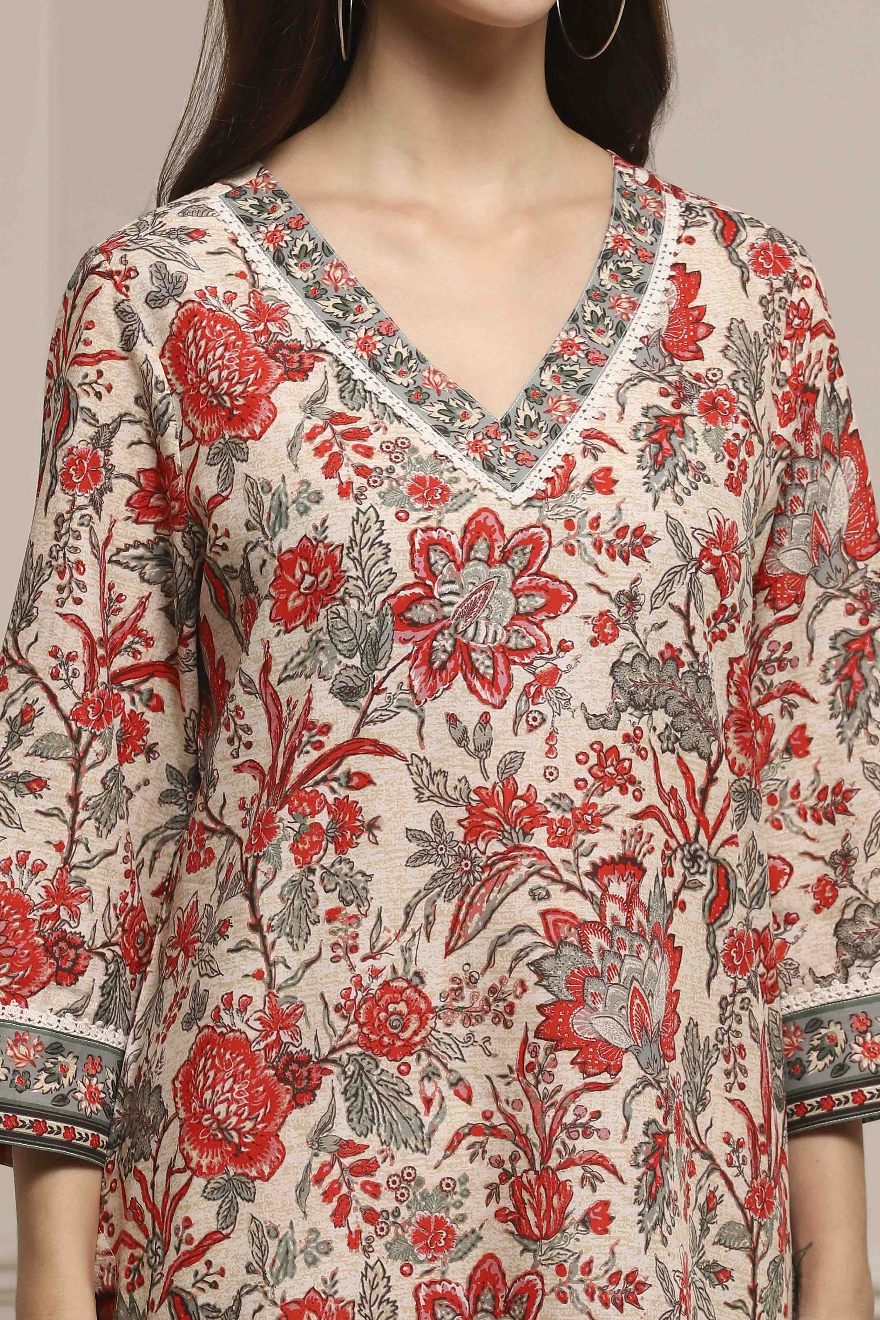 Off White Cotton Straight Printed Kurta image number 1