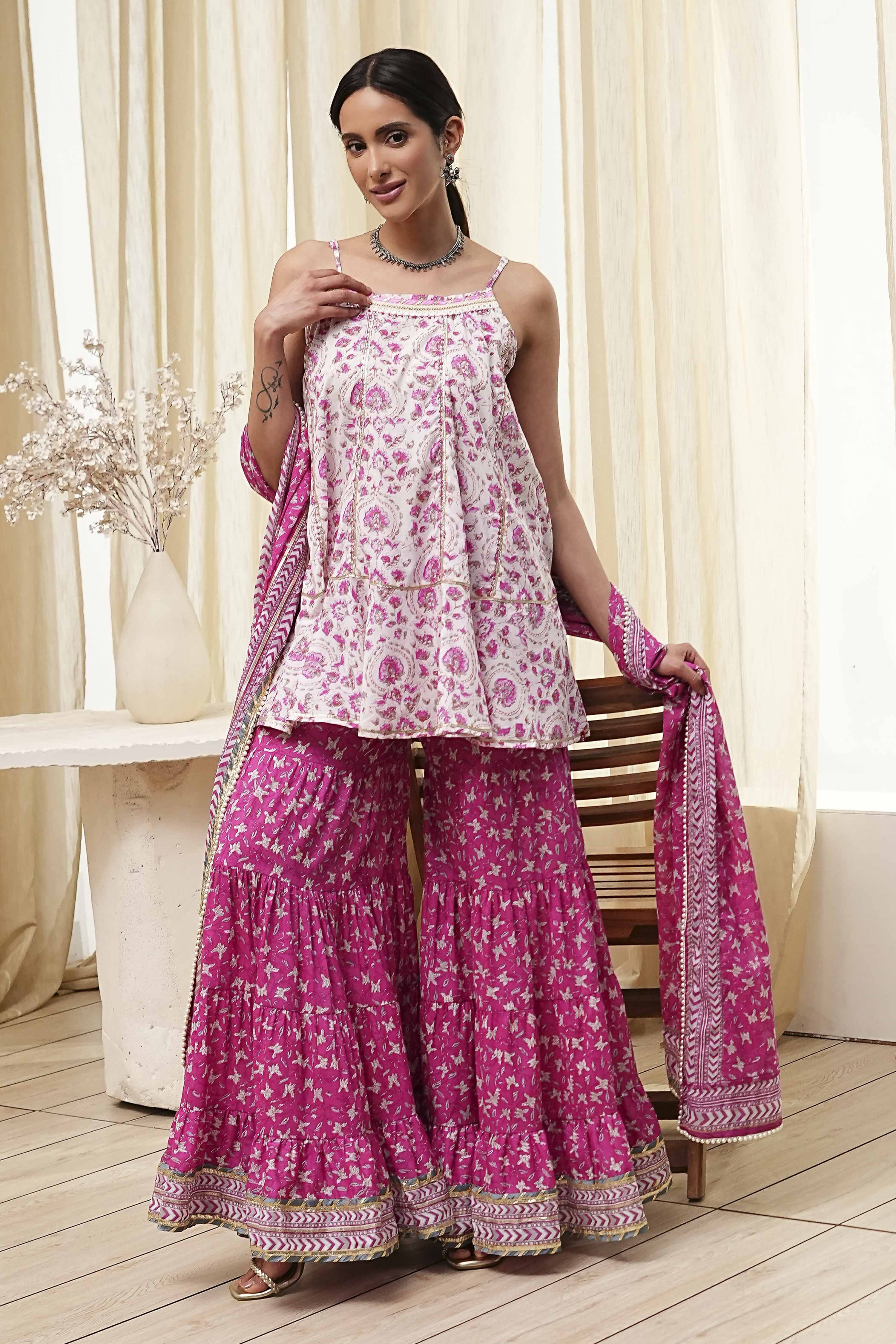 White and Pink Cotton Floral Flared Suit Set image number 6