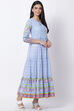 Cyan Blue Cotton Tiered Printed Dress image number 4