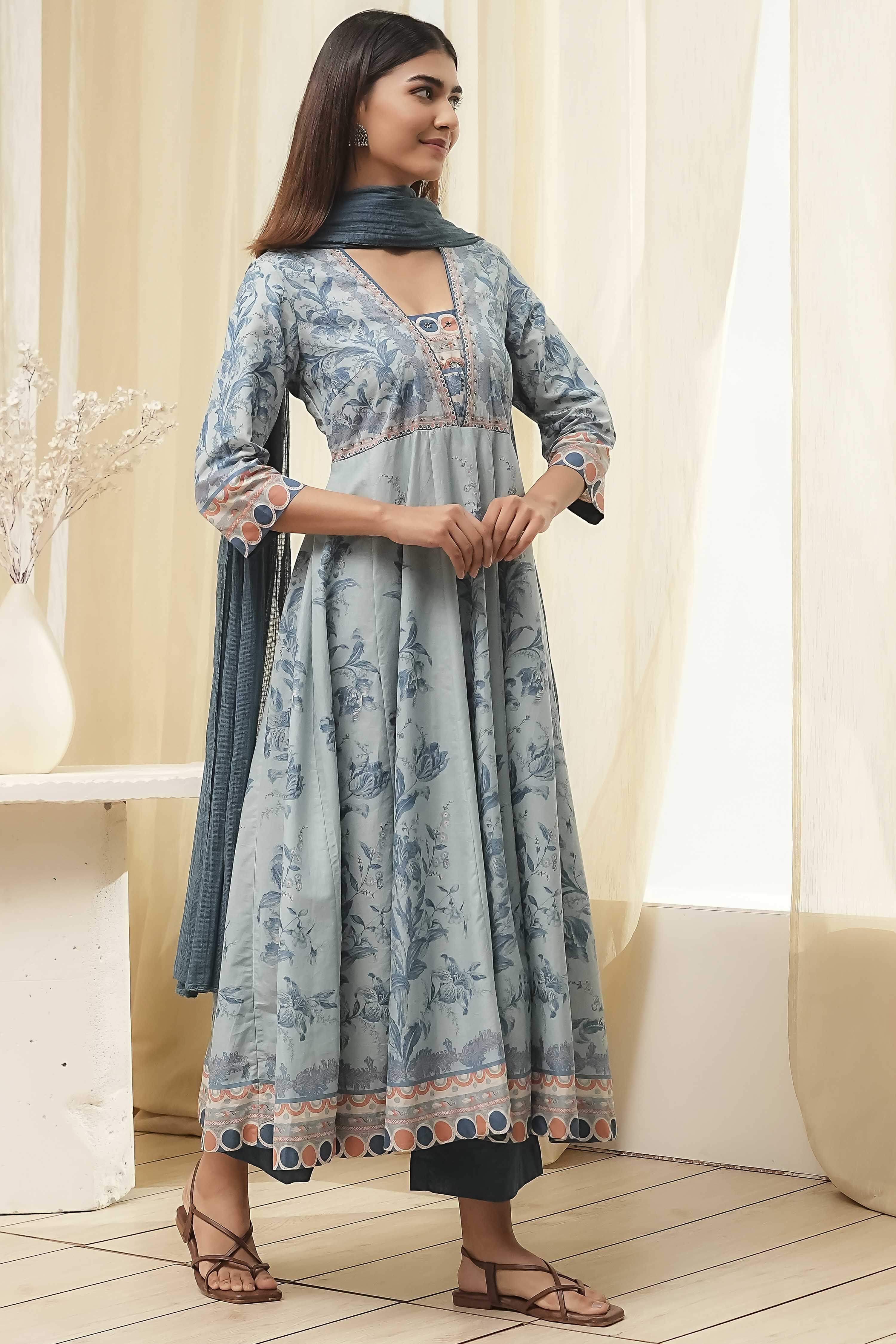 Dull Blue Cotton Floral Anarkali Suit Set image number 5