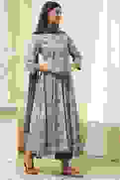 Dull Blue Cotton Floral Anarkali Suit Set image number 5