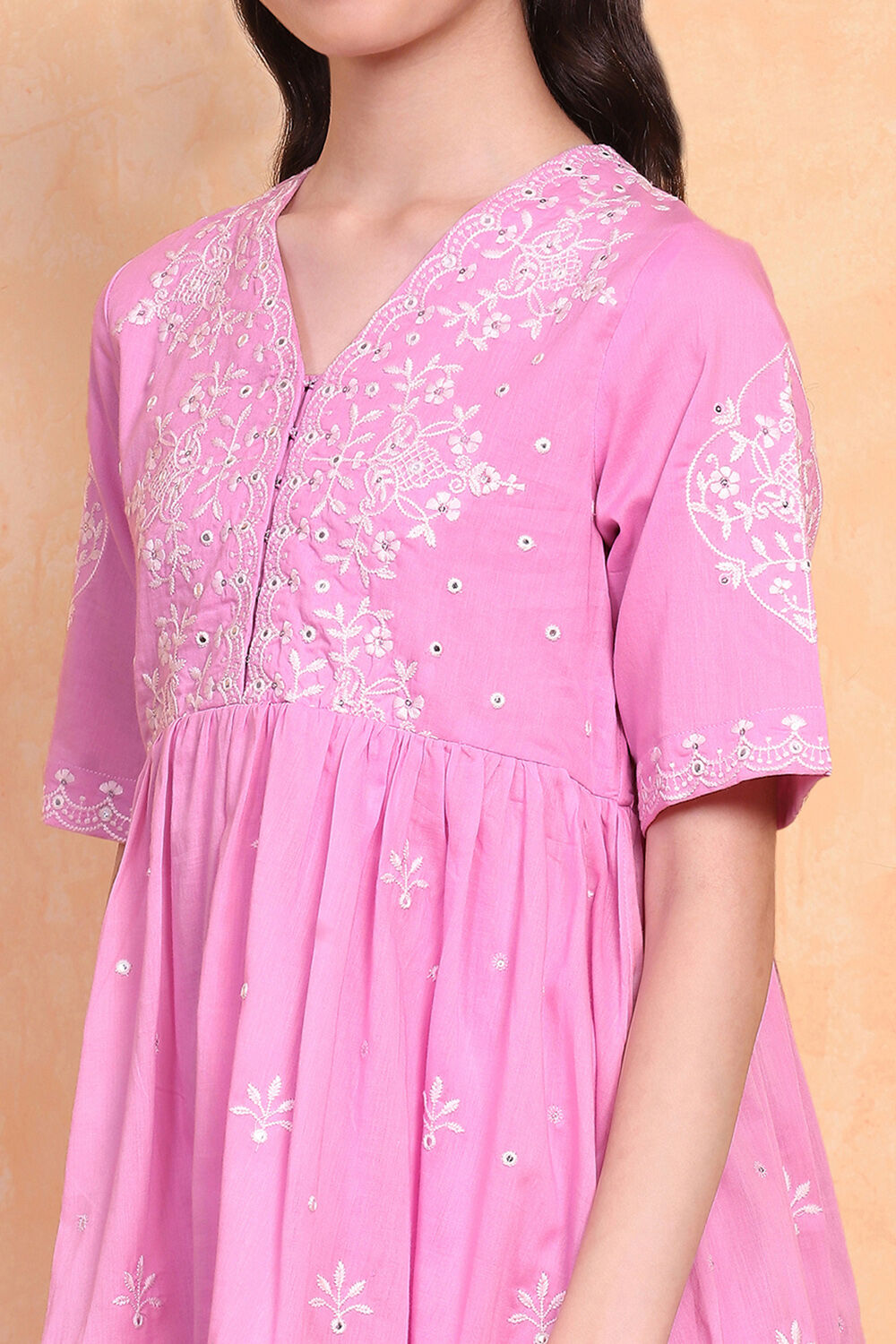 Pink Cotton Embroidered Peplum Suit Set image number 1