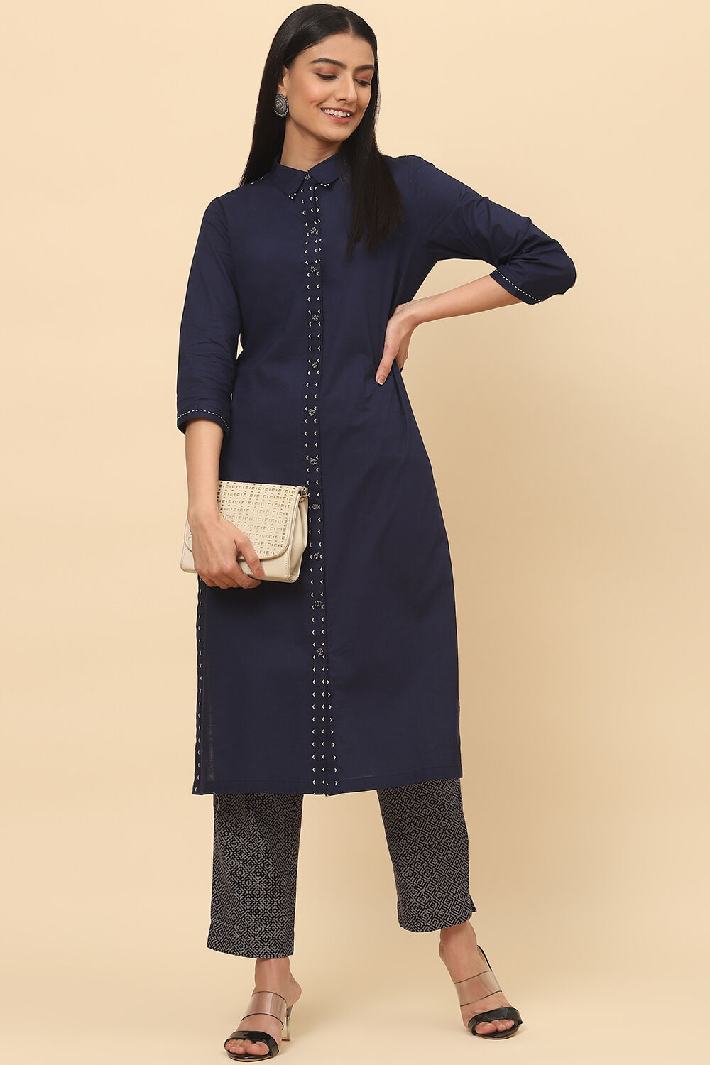 Navy Cotton Straight Fusion Yarndyed Kurta Set image number 6