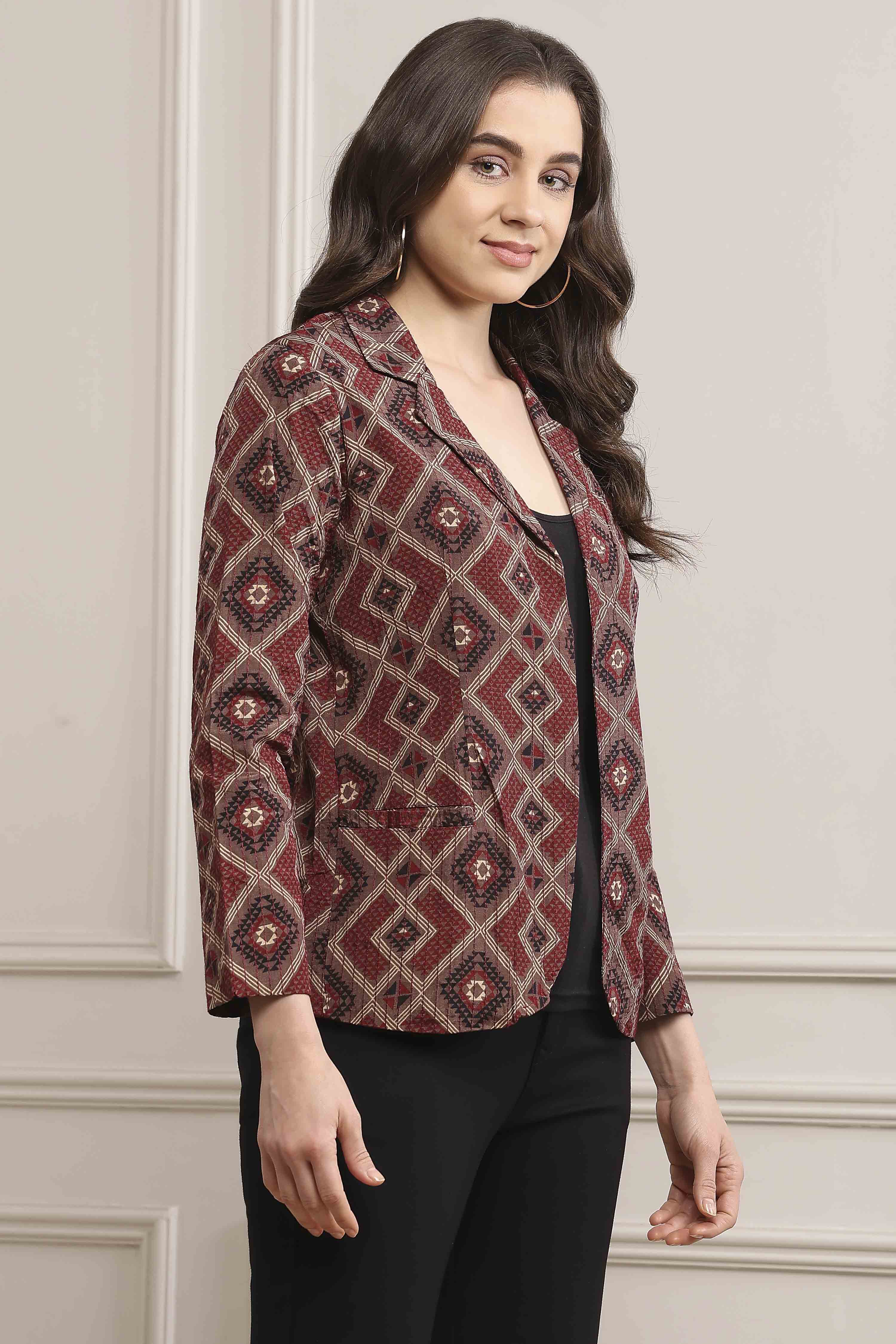 Black Viscose Straight Printed Jacket image number 4