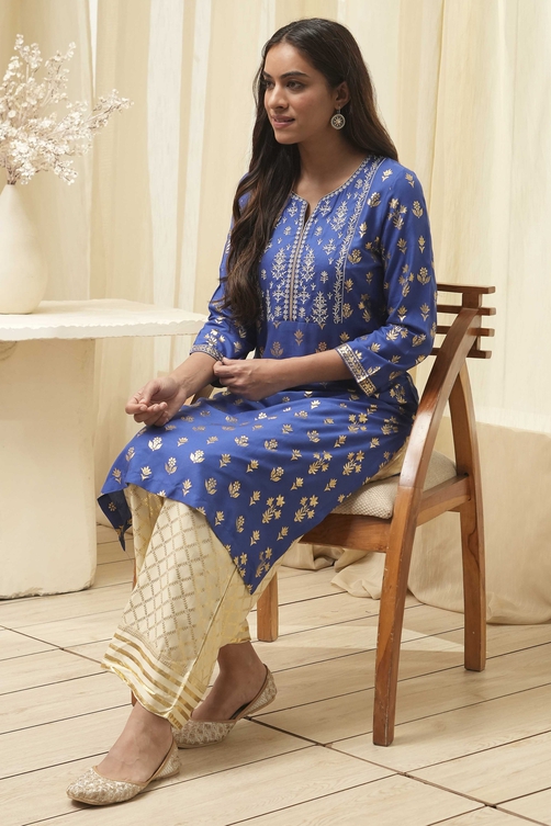 Navy Blue Rayon Straight Kurta Pants Set image number 0