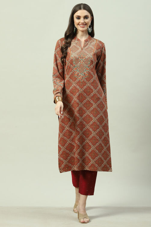 Orange Acrylic Straight Printed Kurta image number 0
