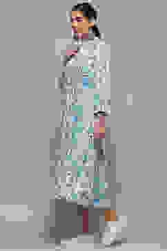 White and Blue Cotton Floral Tiered Dress image number 2