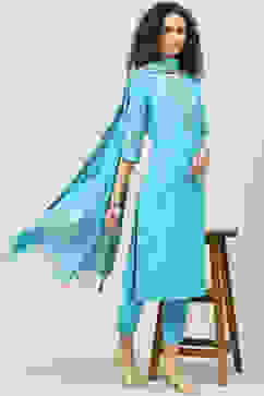 Turquoise Cotton Straight Kurta Slim Pants Suit Set image number 7