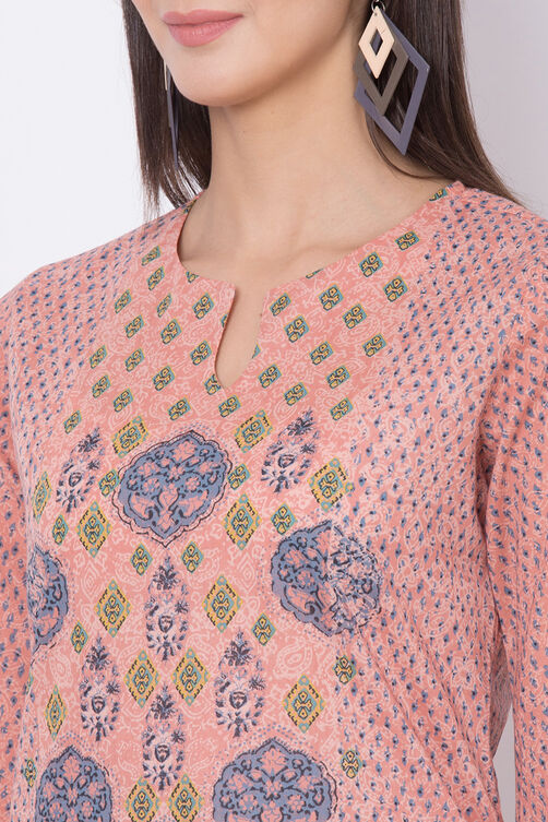 Peach Cotton A-Line Printed Kurta image number 1