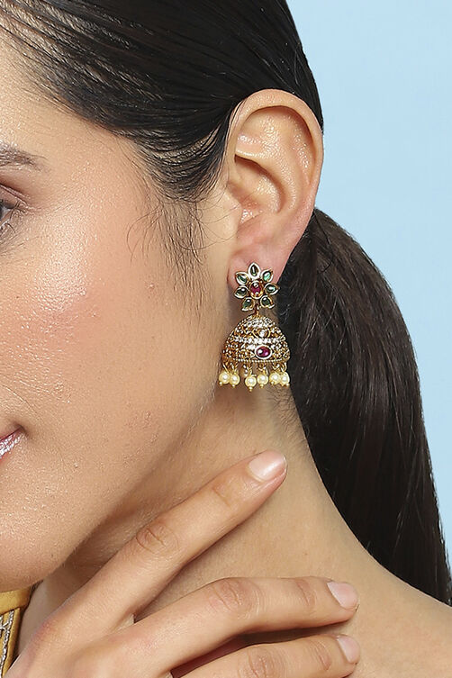 Gold Green Alloy Jhumka image number 1