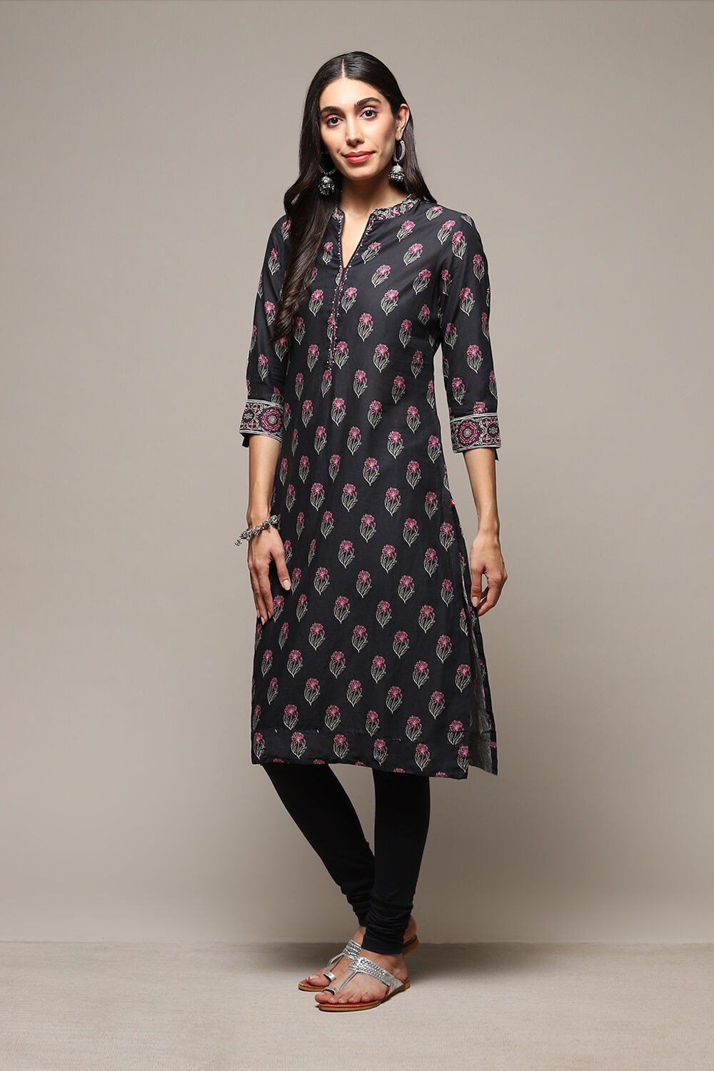 Black Cotton Straight Kurta Churidar Suit Set image number 3