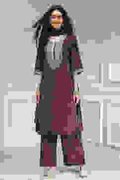 Wine Embroidered Straight Suit Set image number 6