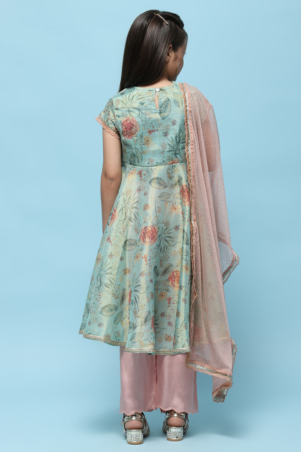  Green Cotton Tissue Anarkali With Palazzo & Net Dupatta image number 5