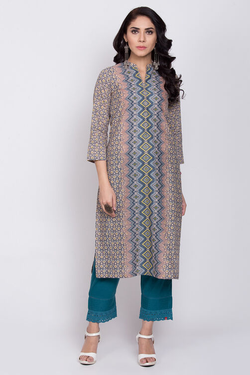 Peach Cotton Straight Printed Kurta image number 0
