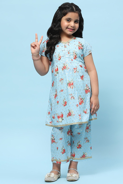 Blue Cotton Floral Printed A-Line Kurta Set image number 0