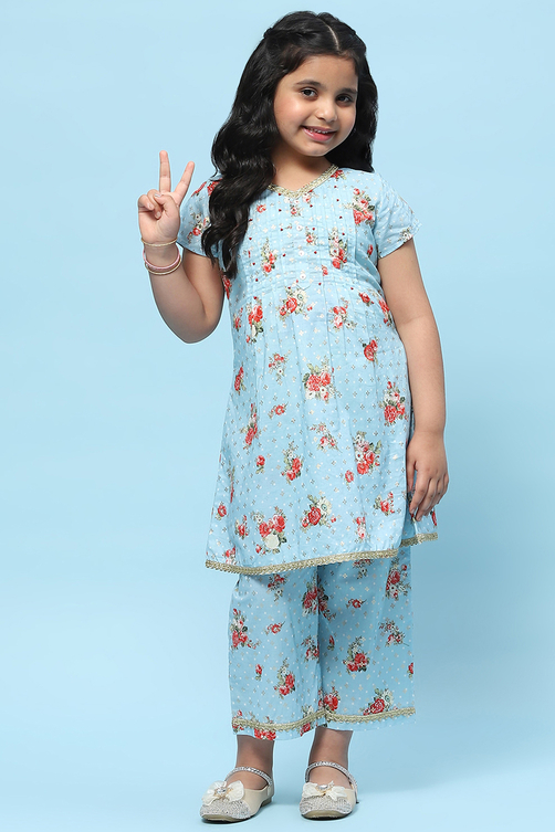 Blue Cotton Floral Printed A-Line Kurta Set image number 0