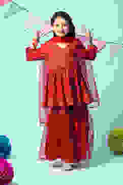 Red Nylon Flared Kurta Sharara Suit Set image number 0