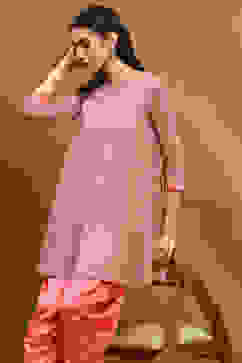 Blush Pink Viscose Blend Embellished Asymmetric Kurta Set image number 7