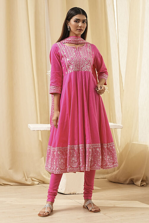 Blue Cotton Embroidered Anarkali Suit Set image number 6