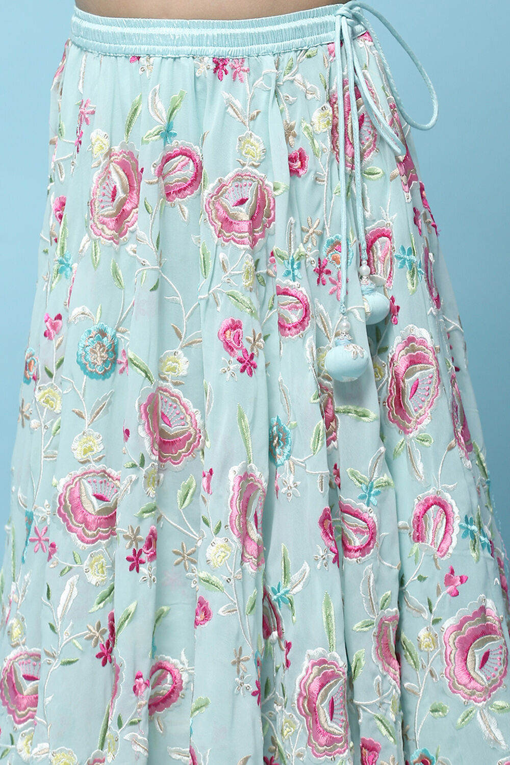 Aqua Chanderi Blouse With Georgette Lehenga & Net Dupatta  image number 2