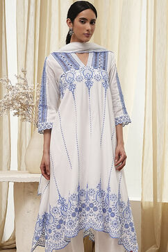 White and Blue Cotton Asymmetric Suit Set image number 1