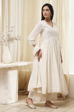Off-White Cotton Embroidered Gathered Suit Set image number 5