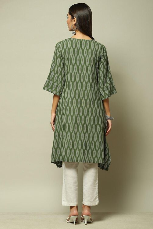 Dark Green Cotton IKAT Straight Yarndyed Kurta image number 4