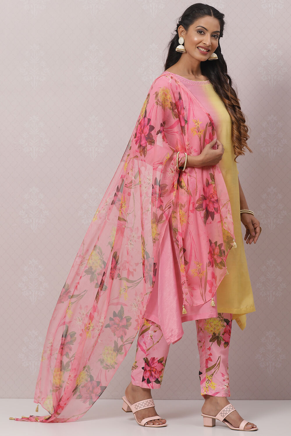 Yellow And Pink Poly Viscose Asymmetric Kurta Pant Suit Set image number 5