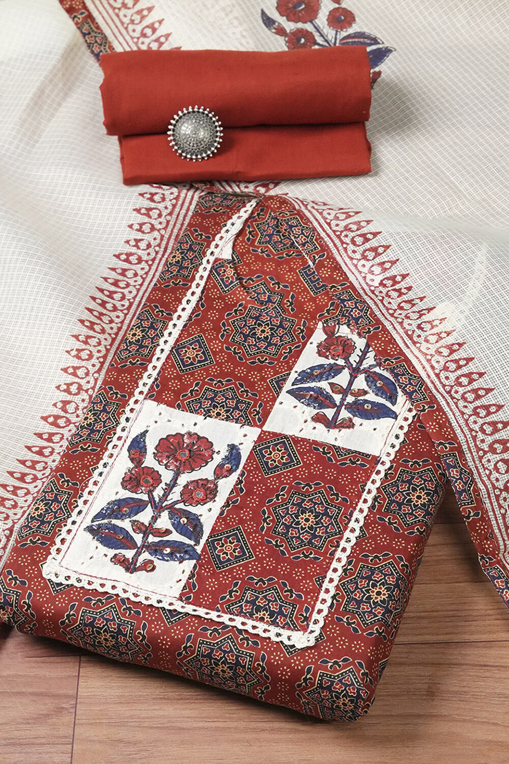 Maroon Cotton Hand Embroidered Unstitched Suit Set image number 0