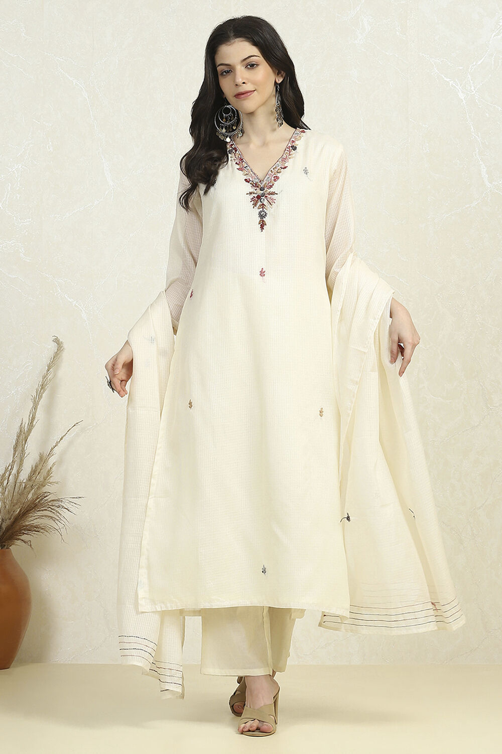Off White Cotton Hand Embroidered Unstitched Suit Set image number 1