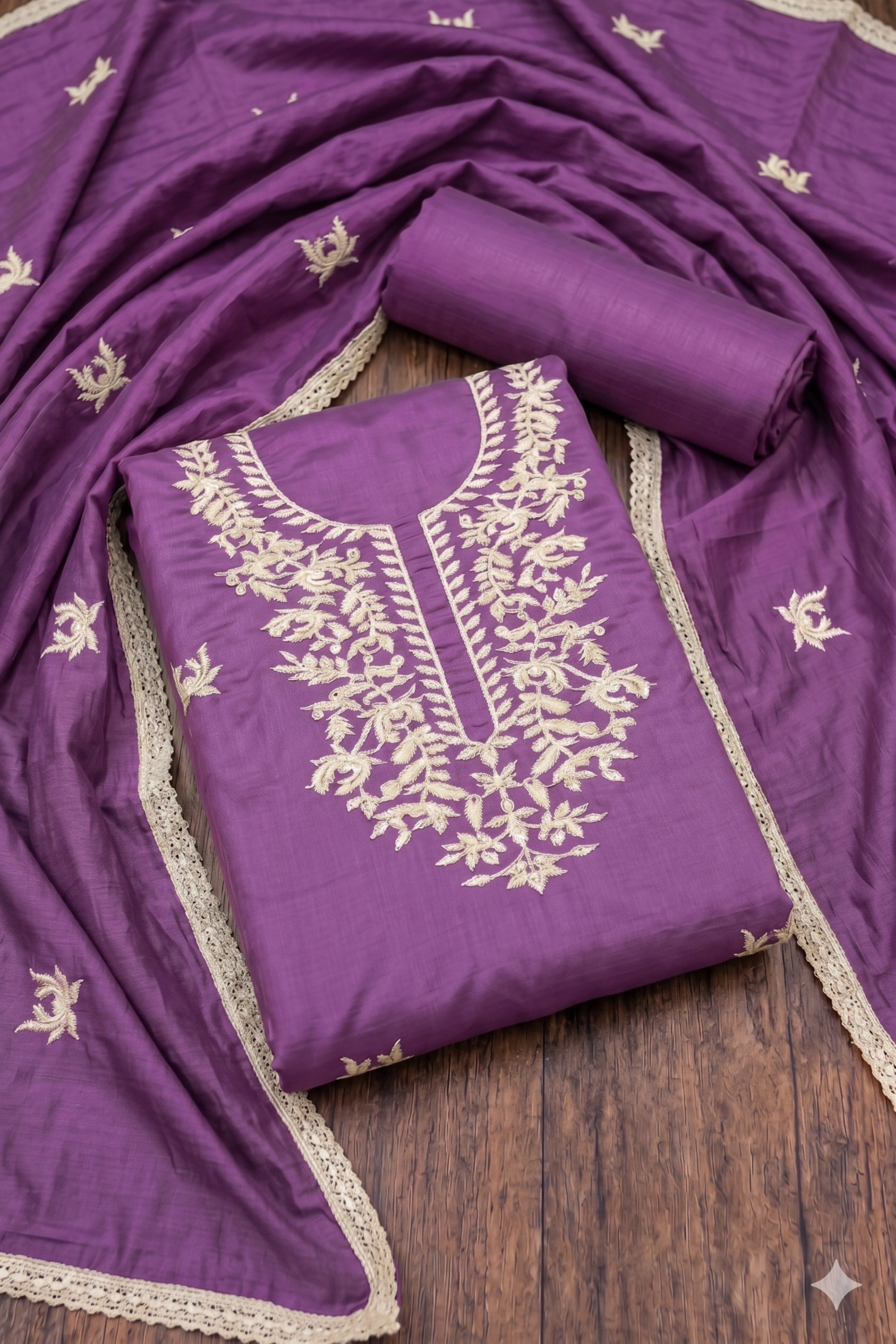 Wine Chanderi Thread Work Unstitched Suit Set image number 1