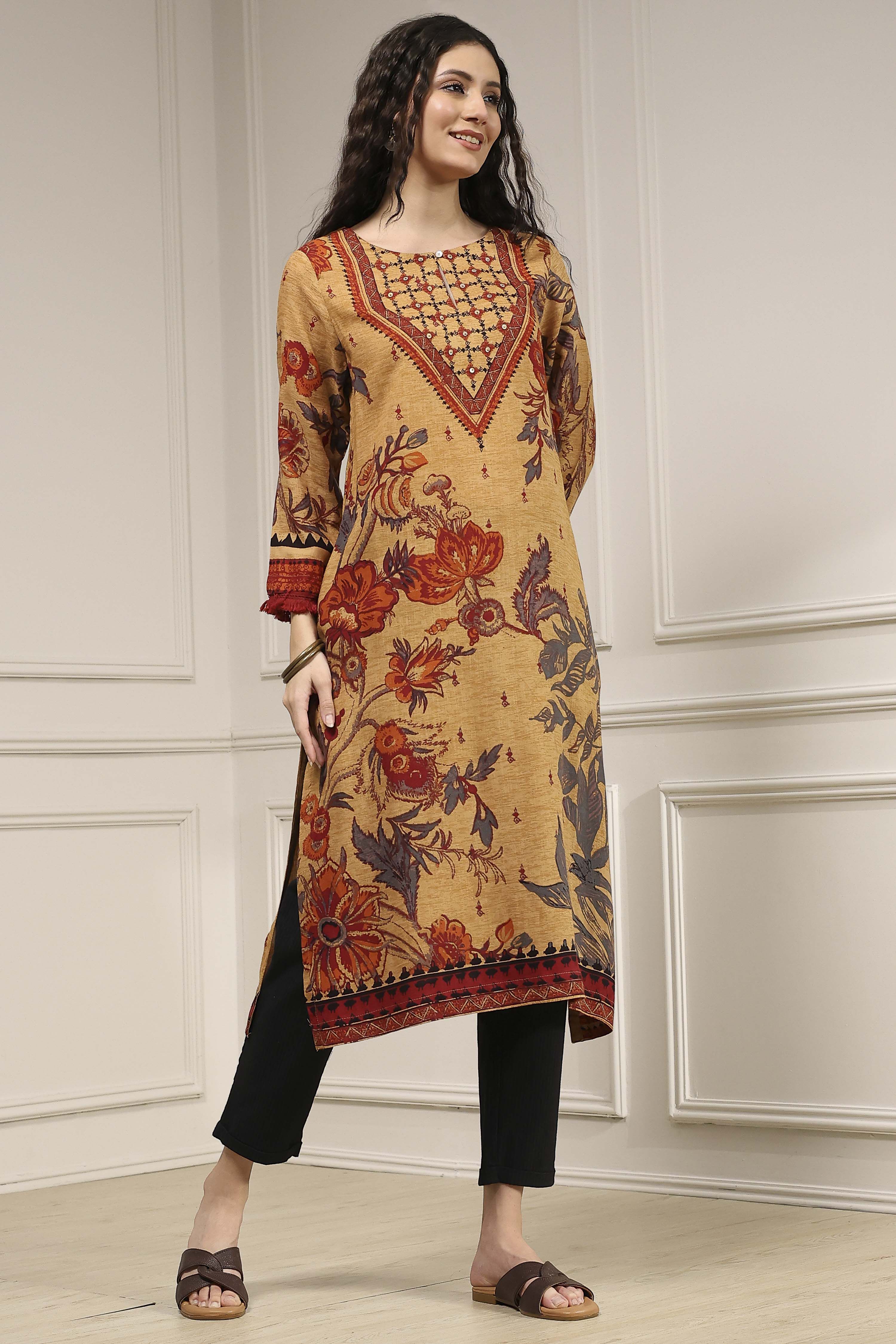 Beige Printed Straight Kurta image number 4