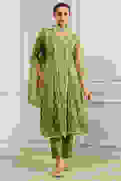 Mehndi Green Chanderi Embroidered Kalidar Suit Set image number 4