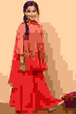 Coral Chiffon Floral Printed Festive Gathered Suit Set image number 3